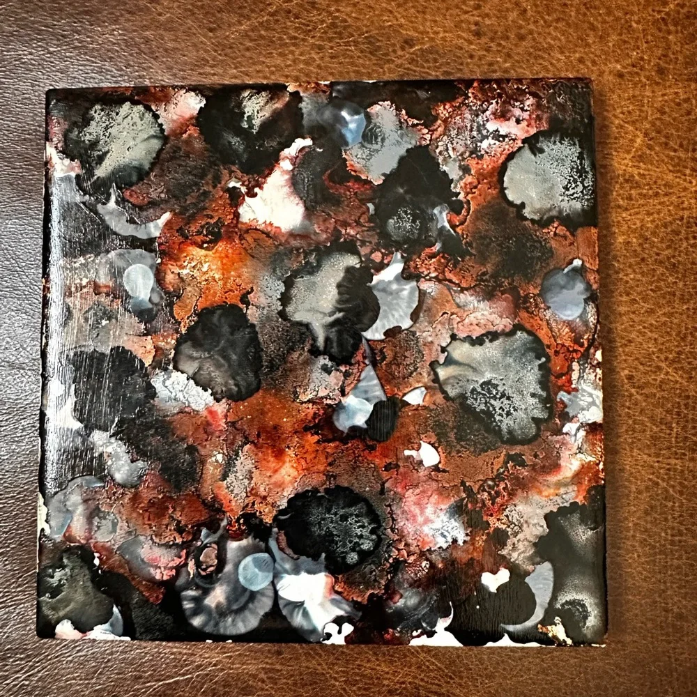 Handmade Abstract black multi color alcohol ink painting on ceramic tile